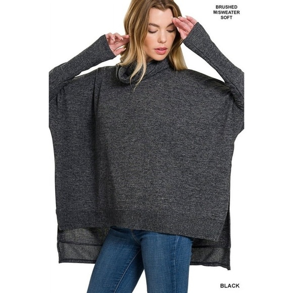 Zenana Outfitters Sweaters - Oversized Sweater Women size Large Olive Green Turtleneck Hi Low hem Loose Fit